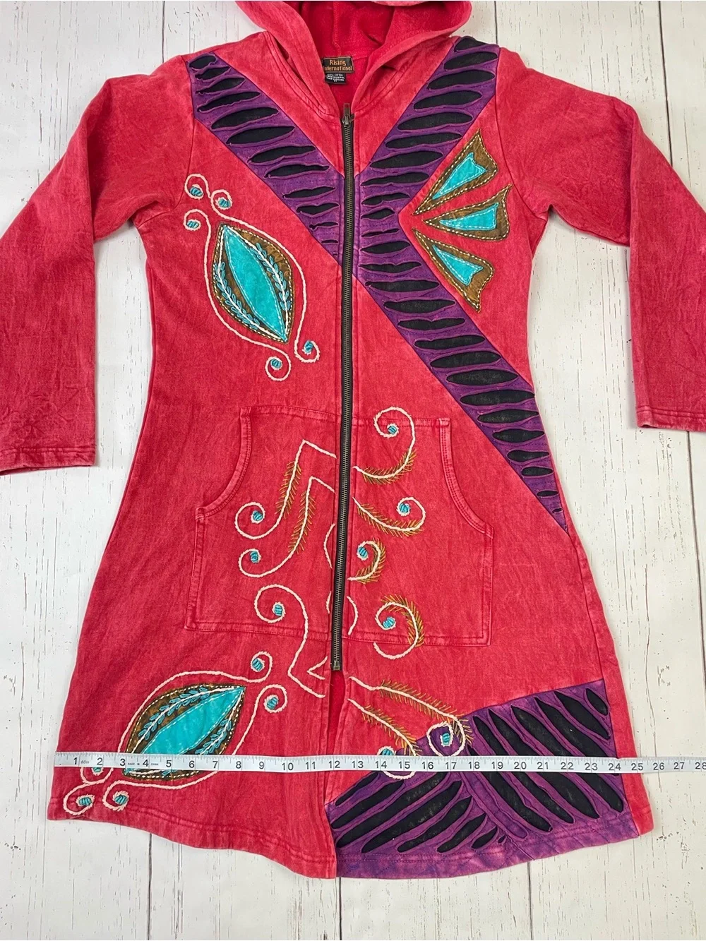 Rising International‎ Patchwork Embroidered Long Zip Up Hoodie *Made in Nepal